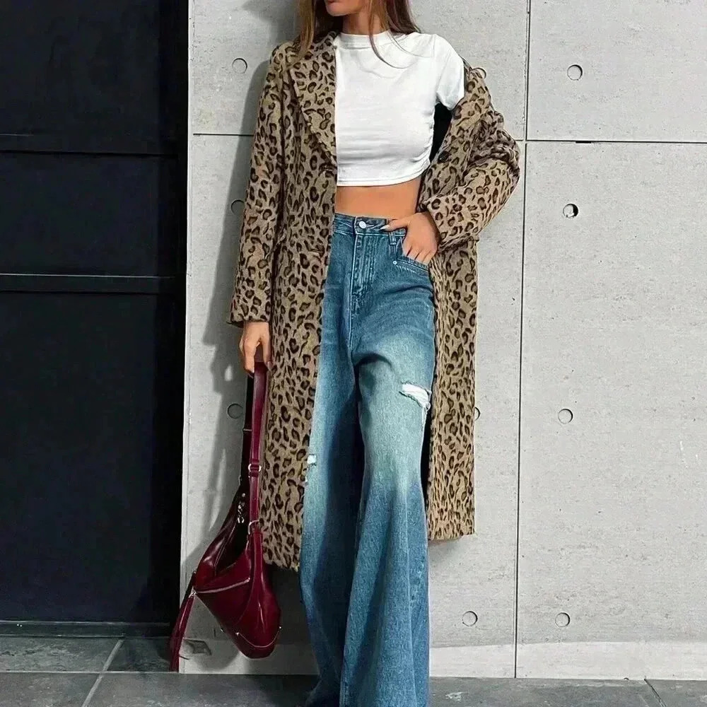 Multicolor Casual Women's Leopard Print Knitted Cinched Waist Stand Collar Coat - Picture 4 of 7